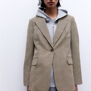 NWT - H&M Single Breasted Tan & Black Plaid Blazer, Size L